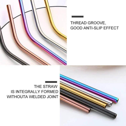 Reusable Stainless Steel Drinking Straw With Brush, 4-Pack, 215x6mm — colorful bent and straight 304 stainless straws with cleaning brush, rust-resistant set