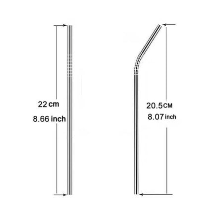 Reusable Stainless Steel Drinking Straw With Brush, 4-Pack, 215x6mm - straight 22cm (8.66in) and bent 20.5cm (8.07in) stainless steel straw diagram