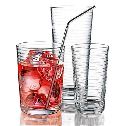 Reusable Stainless Steel Drinking Straw With Brush, 4-Pack, 215x6mm - bent straw in iced red drink with two clear tumblers and cleaning brush set