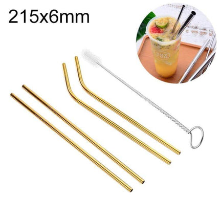 Reusable Stainless Steel Drinking Straw With Brush, 4-Pack, 215x6mm — gold bent and straight straws with cleaning brush for cups and tumblers
