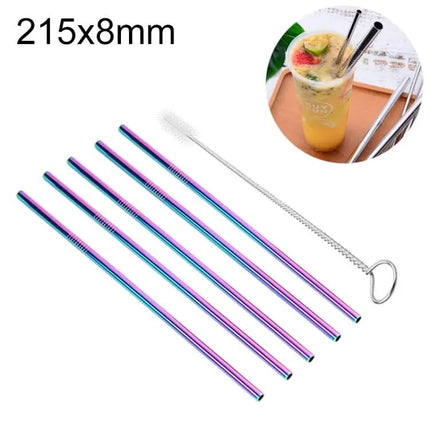 5 Pack Reusable Stainless Steel Straight Drinking Straws 215mm 8mm Cleaner Brush