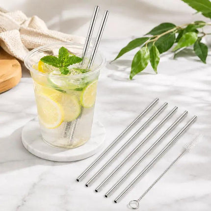 5 Pack Reusable Stainless Steel Straight Drinking Straws 215mm 8mm Cleaner Brush