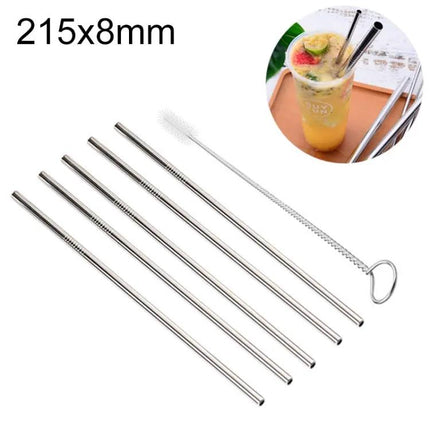 5 Pack Reusable Stainless Steel Straight Drinking Straws 215mm 8mm Cleaner Brush