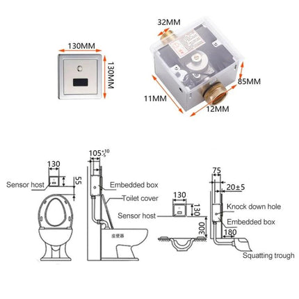 Recessed Wall Mounted Automatic Infrared Flush Valve stainless steel sensor host with embedded box and installation dimensions diagram
