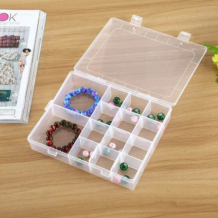 Plastic Organizer Box 14 Slots For Jewelry And Small Accessories - clear 14-compartment storage box holding beads, bracelets, and small accessories