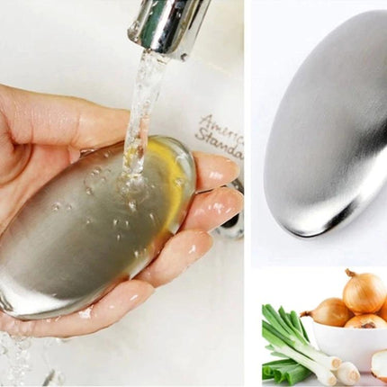 Stainless Steel Soap for Daily Hand Odor Relief After Cooking - oval stainless soap under running water to remove onion and fish smells