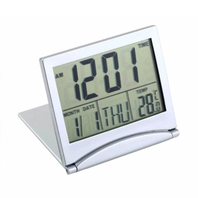 Portable Folding LCD Travel Alarm Clock With Temperature Display - compact silver folding clock showing large LCD time, date and temperature