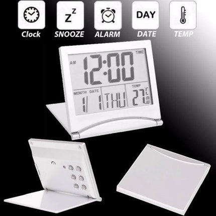 Portable Folding LCD Travel Alarm Clock With Temperature Display showing large LCD time, date, temp and foldable stand for travel