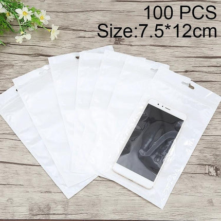 Clear Front White Pearl Zip Lock Bags for Phone Accessories and Jewelry - clear-front white pearl resealable bags holding phone and small items, 7.5x12cm, 100 pcs