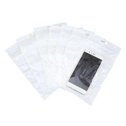 Clear Front White Pearl Zip Lock Bags for Phone Accessories and Jewelry - clear front pouch displaying smartphone and multiple white pearl zip lock bags