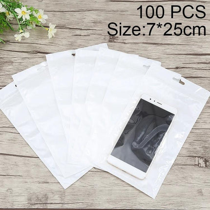 7cm x 25cm Clear Front White Zip Lock Bags for Small Items - clear front, white back resealable pouch showing smartphone for storage and protection