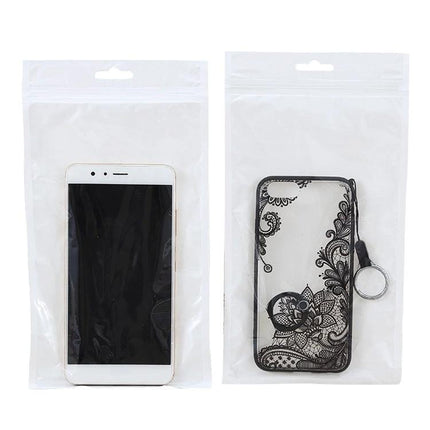 7cm x 25cm Clear Front White Zip Lock Bags for Small Items holding a smartphone and patterned phone case for storage and protection