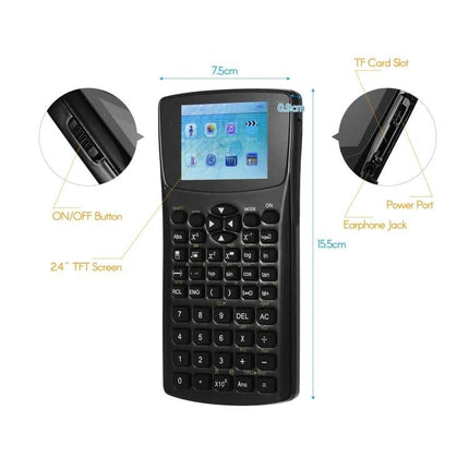 Multi-Function Scientific Calculator for Everyday Use and Media Playback - compact black device with 2.4" TFT screen, keypad, TF card and earphone jack