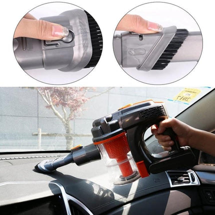 Dyson V6 Compatible 4-Piece Vacuum Brush Head Set showing brush attachments cleaning car dashboard and upholstery