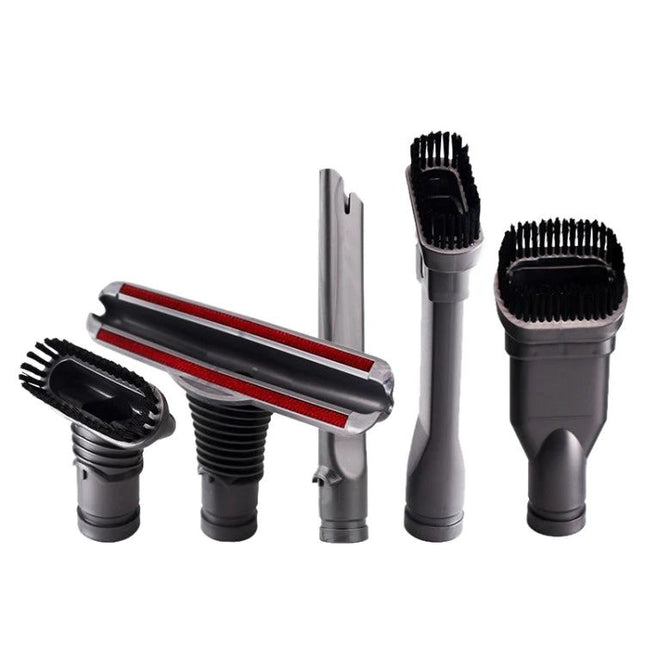 Dyson V6 5-Piece Brush Head Set for Household Cleaning shown with five interchangeable brushes for pet hair, corners, upholstery and hard floors