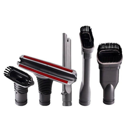 Dyson V6 5-Piece Brush Head Set for Household Cleaning showing five interchangeable brush heads for pet hair, corners, upholstery and hard floors