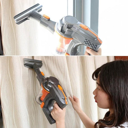 Dyson V6 5-Piece Brush Head Set for Household Cleaning shown cleaning curtains and upholstery with handheld vacuum attachments