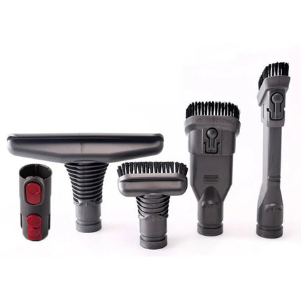 Dyson Compatible Five-Piece Vacuum Brush Set for Home Cleaning - assortment of five gray vacuum brushes and adapter for Dyson V6/DC35/DC45