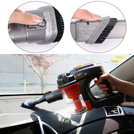 Dyson Compatible Five-Piece Vacuum Brush Set for Home Cleaning shown attached to handheld vacuum cleaning car dashboard and upholstery