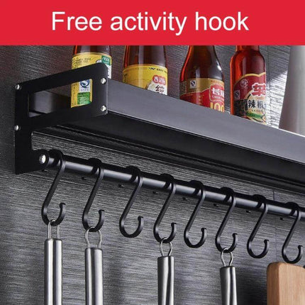 60cm Kitchen Wall Hanging Holder For Seasonings Black mounted with bottles and S-hooks holding utensils