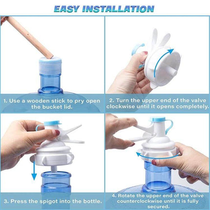 PP Water Bottle Faucet Dispenser Valve For 55mm Crown Top Bottles - white polypropylene valve shown being installed on 3/5/6 gallon bottle with easy installation steps