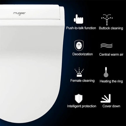 Comfortable U-Shaped Heated Toilet Seat with Auto Cleaning white bidet seat showing features: buttock & female cleaning, deodorization, warm air, heating ring, intelligent protection