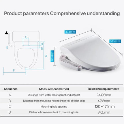 Comfortable U-Shaped Heated Toilet Seat with Auto Cleaning white heated bidet seat 515x474x159mm dimensions diagram
