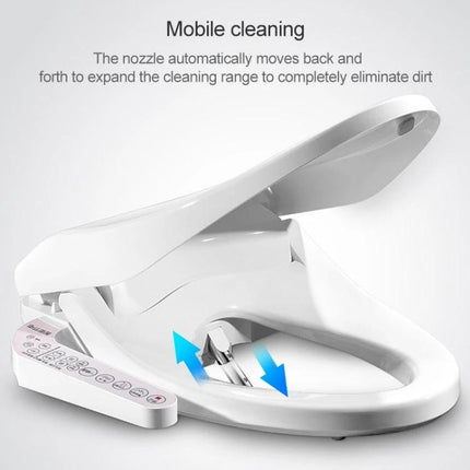Comfortable U-Shaped Heated Toilet Seat with Auto Cleaning showing mobile nozzle cleaning action and control panel