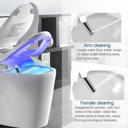 Comfortable U-Shaped Heated Toilet Seat with Auto Cleaning showing blue LED, arm and female cleaning nozzles and heated seat