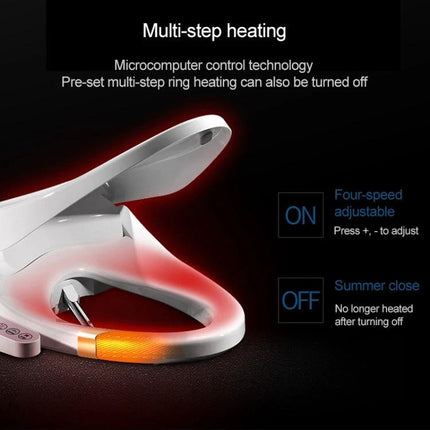 Comfortable U-Shaped Heated Toilet Seat with Auto Cleaning showing open white heated bidet seat with multi-step heating indicator
