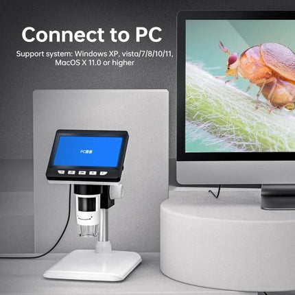 Portable Digital Microscope for Detailed Everyday Inspection with 4.3-inch HD LCD showing insect close-up and PC connectivity