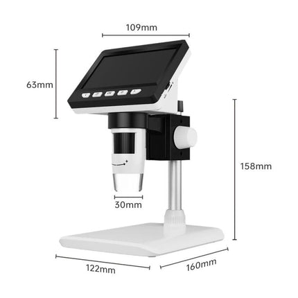 Portable Digital Microscope for Detailed Everyday Inspection with 4.3-inch HD LCD, stand and dimensions for electronics repair and field inspection