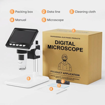 Portable Digital Microscope for Detailed Everyday Inspection showing microscope, 4.3-inch HD LCD, packing box and accessories