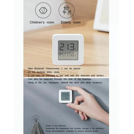 Xiaomi Mijia Bluetooth Temperature and Humidity Thermometer for Home Use compact digital indoor sensor showing temperature and humidity on bedside table