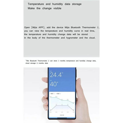 Xiaomi Mijia Bluetooth Temperature and Humidity Thermometer for Home Use displaying app temperature and humidity graph on smartphone screen