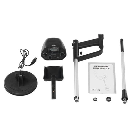 Waterproof Underground Metal Detector for Outdoor Treasure Hunting laid out components: coil, control box, shaft, armrest, manual