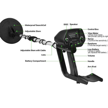 Waterproof Underground Metal Detector for Outdoor Treasure Hunting handheld unit with waterproof search coil adjustable stem and control box