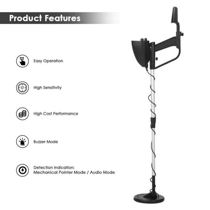 Waterproof Underground Metal Detector for Outdoor Treasure Hunting - image of detector with features list (easy operation, high sensitivity, buzzer mode)