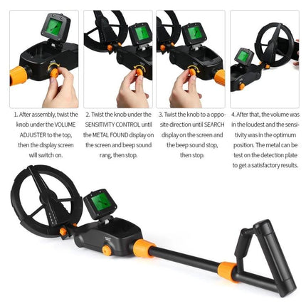 Easy-to-Use Underground Metal Detector Toy for Kids with LCD Screen showing assembled detector, LCD display, control knobs, search coil and armrest