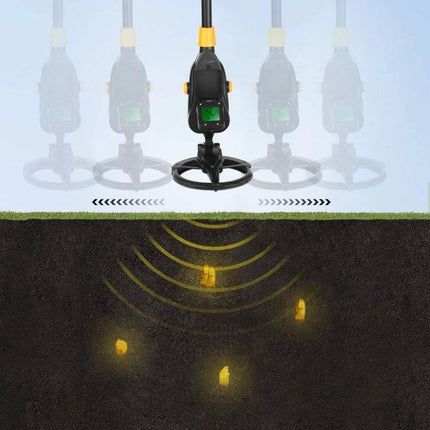 Easy-to-Use Underground Metal Detector Toy for Kids with LCD Screen showing probe scanning buried coins in backyard sand