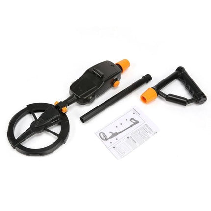 Easy-to-Use Underground Metal Detector Toy for Kids with LCD Screen, disassembled black and orange detector with coil, shaft, handle and manual