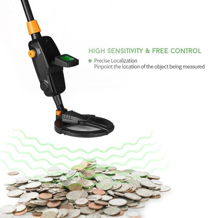 Easy-to-Use Underground Metal Detector Toy for Kids with LCD Screen showing detector over coins with LCD display and localization text