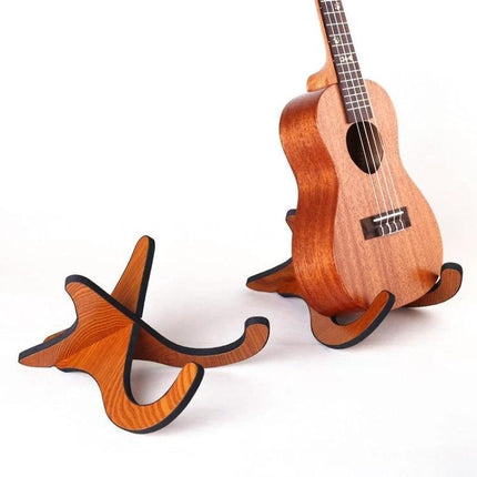 Versatile Wooden Stand for Ukulele Storage in Daily Practice showing a compact wooden ukulele stand holding a ukulele upright