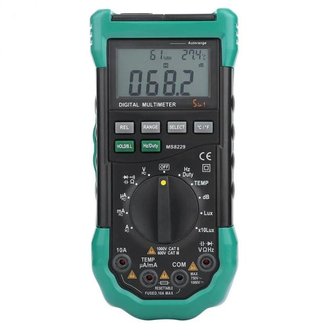 BSIDE Digital Multimeter for Temperature, Humidity Testing - handheld meter showing 068.2 reading, probe ports and function dial for temp, humidity, voltage