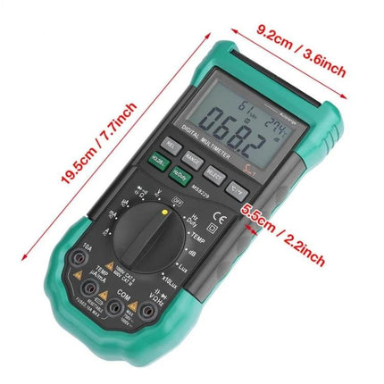 BSIDE Digital Multimeter for Temperature, Humidity Testing showing handheld multimeter with display, dial and probe ports for environmental and electrical measurements