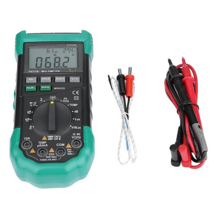 BSIDE Digital Multimeter for Temperature, Humidity Testing showing meter display, probes, and thermocouple for HVAC and electronics monitoring