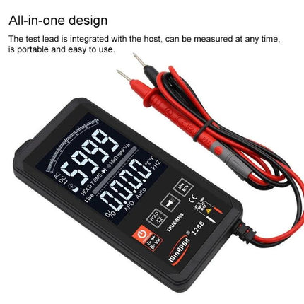 Smart Touch Screen Digital Multimeter for Electrical Testing showing large backlit display, integrated test leads, NCV and touch screen interface