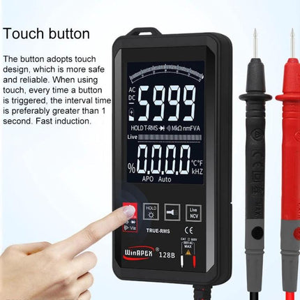 Smart Touch Screen Digital Multimeter for Electrical Testing showing touch button, backlit display and probes for NCV and automotive wiring checks