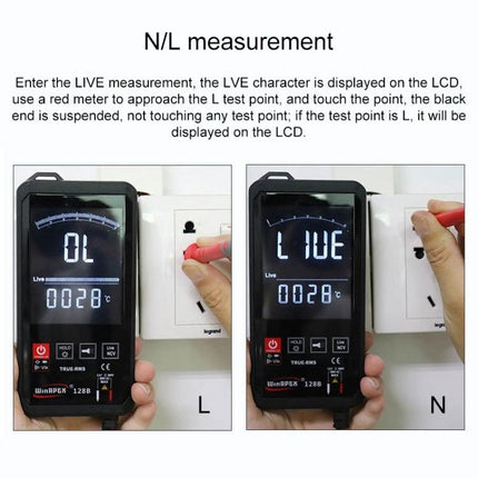 Smart Touch Screen Digital Multimeter for Electrical Testing showing live N/L measurement with NCV detection and backlit touch screen