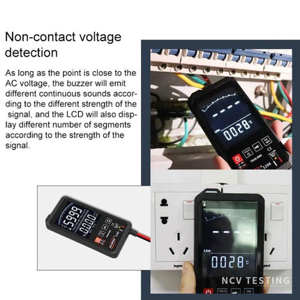 Smart Touch Screen Digital Multimeter for Electrical Testing showing NCV non-contact voltage detection and backlit touch screen during wiring and outlet checks